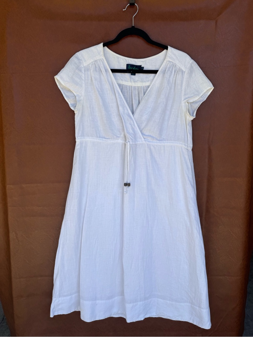Boden White 100% Linen Wrap Look Midi Dress US 10 Boho Cottagecore